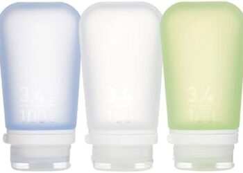 humangear GoToob+ 3-Pack (Large) | Refillable Silicone Travel Bottle | Locking Lid | Food-Safe Material, Clear/Green/Blue, Large (3.4 fl.oz.; 100ml)