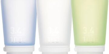 humangear GoToob+ 3-Pack (Large) | Refillable Silicone Travel Bottle | Locking Lid | Food-Safe Material, Clear/Green/Blue, Large (3.4 fl.oz.; 100ml)