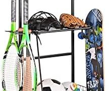 PLKOW Sports Equipment Storage for Garage, Indoor/Outdoor Sports Rack for Garage, Ball Storage Garage Organizer with Basket and Hooks,Toy/Sports Gear Storage