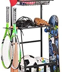 PLKOW Sports Equipment Storage for Garage, Indoor/Outdoor Sports Rack for Garage, Ball Storage Garage Organizer with Basket and Hooks,Toy/Sports Gear Storage
