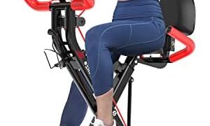 pooboo Folding Exercise Bike, Foldable Fitness Stationary Bike Machine, Upright Indoor Cycling Bike, Magnetic X-Bike with 8-Level Adjustable Resistance, Bottle Holder & Back Support Cushion for Home Gym Workout