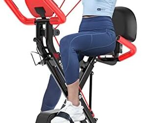 pooboo Folding Exercise Bike, Foldable Fitness Stationary Bike Machine, Upright Indoor Cycling Bike, Magnetic X-Bike with 8-Level Adjustable Resistance, Bottle Holder & Back Support Cushion for Home Gym Workout