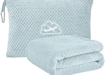 BEDELITE Travel Blanket Airplane Compact with Bag, Portable and Packable 2 in 1 Jacquard Travel Pillow and Blanket Set, Airplane Blanket Travel Essentials with Luggage Sleeve & Backpack Clip, Blue