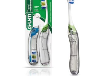 GUM Folding Travel Toothbrush, Compact Head + Tongue Cleaner, Soft Bristled Travel Toothbrushes for Adults, 2ct