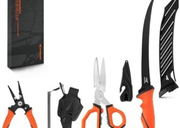 KastKing Paradox Fishing Tools Set, Stainless Steel 9″ Bait Shears, 7.5″ Angled Nose Pliers & 9″ Fillet Knife with Non-Slip Grips and Protective Sheaths