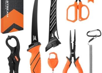 KastKing SteelStream 6pc Fishing Tool Kit – Corrosion Resistant Fishing Pliers with Lanyard, Fillet Knife, Floating Fish Lip Gripper, Fishing Braid Scissors, Tool Retractor, Fishing Gifts for Men