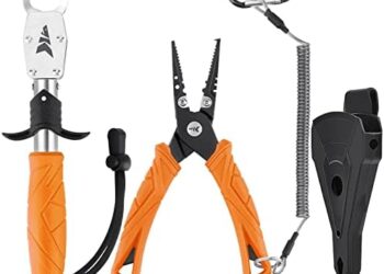 KastKing Fishing Pliers, Fish Lip Gripper or Fish Scale Combo Saltwater Resistant Fishing Tools, Fishing Gear with Rubber Handle, Lanyard, Line Cutter Hook Remover with Sheath, Ice Fishing Gift Men