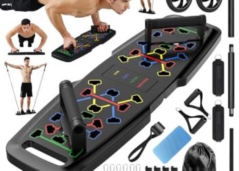 Push Up Board,Home Gym,Portable Exercise Equipment,Pilates Bar & 20 Fitness Accessories with Resistance Bands & Ab Roller Wheel,Full Body Workout at Home