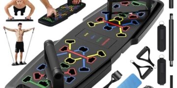 Push Up Board,Home Gym,Portable Exercise Equipment,Pilates Bar & 20 Fitness Accessories with Resistance Bands & Ab Roller Wheel,Full Body Workout at Home