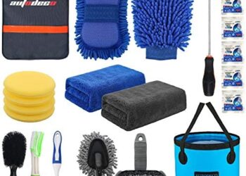 AUTODECO 22Pcs Car Wash Cleaning Tools Kit Car Detailing Set with Blue Canvas Bag Collapsible Bucket Wash Mitt Sponge Towels Tire Brush Window Scraper Duster Complete Interior Car Care Kit