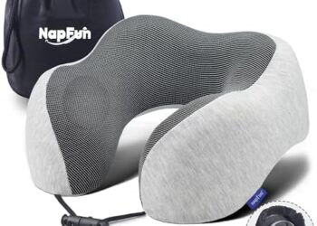 napfun Neck Pillow for Traveling, Upgraded Travel Neck Pillow for Airplane 100% Pure Memory Foam Travel Pillow for Flight Headrest Sleep, Portable Plane Accessories, Light Grey