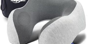 napfun Neck Pillow for Traveling, Upgraded Travel Neck Pillow for Airplane 100% Pure Memory Foam Travel Pillow for Flight Headrest Sleep, Portable Plane Accessories, Light Grey