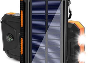 Solar Charger, 20000mAh Portable Outdoor Waterproof Solar Power Bank, Camping External Backup Battery Pack Dual 5V USB Ports Output, 2 Led Light Flashlight with Compass (Orange)