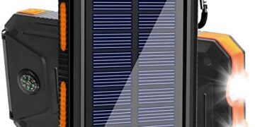 Solar Charger, 20000mAh Portable Outdoor Waterproof Solar Power Bank, Camping External Backup Battery Pack Dual 5V USB Ports Output, 2 Led Light Flashlight with Compass (Orange)